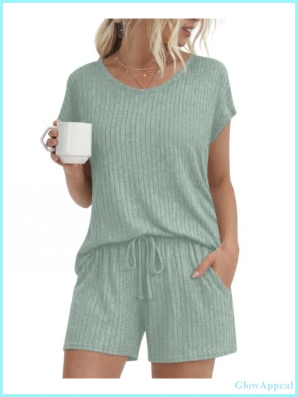 Womens 2 Piece Pajama Set Ribbed Lounge Shorts Cap Sleeve Sleepwear